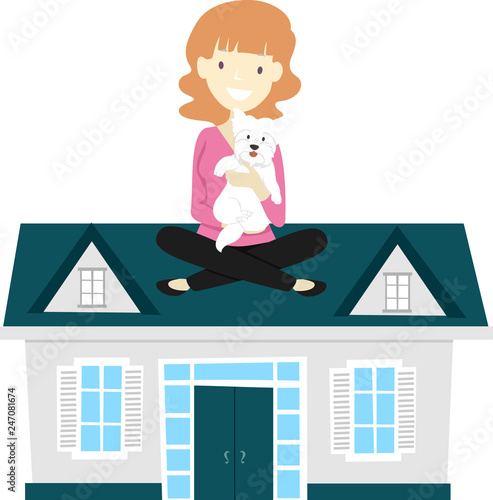 Girl House Sitting Dog Illu...