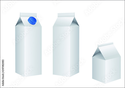 Illustration 3D vectorielle de trois packs de lait vierges sur un fond blanc , avec ou sans bouchon, avec des tailles et des orientations différentes.