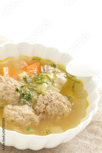 Chinese food, meat ball and vegetable soup forh healthy breakfast image