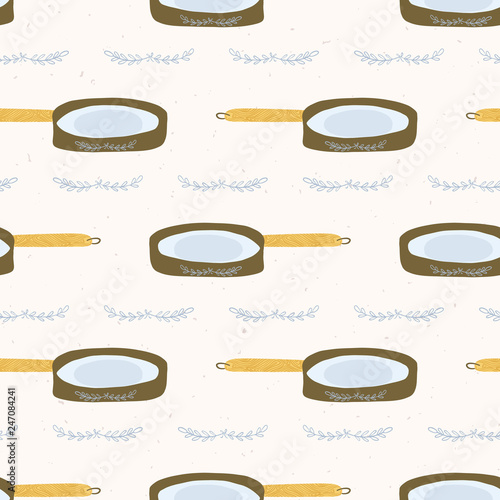 Cute vector frying pan illustration. Seamless repeating pattern. Hand drawn kitchen cookery tool and retro flourish decor. Food all over print food blog background, textiles, menu backdrop.