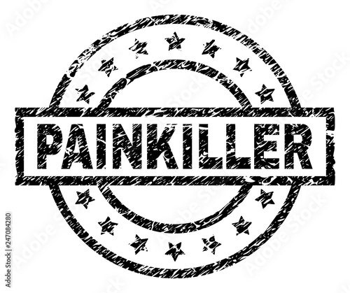 PAINKILLER stamp seal watermark with distress style. Designed with rectangle, circles and stars. Black vector rubber print of PAINKILLER tag with retro texture.