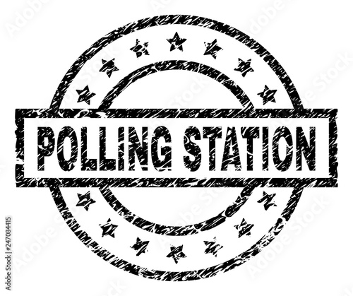 POLLING STATION stamp seal watermark with distress style. Designed with rectangle, circles and stars. Black vector rubber print of POLLING STATION caption with unclean texture.