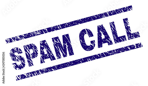 SPAM CALL seal print with scratced style. Blue vector rubber print of SPAM CALL tag with retro texture. Text tag is placed between parallel lines.