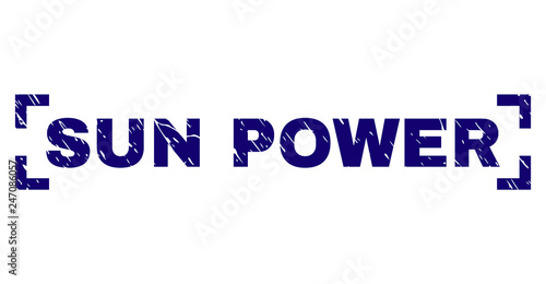SUN POWER text seal print with corroded style. Text caption is placed inside corners. Blue vector rubber print of SUN POWER with unclean texture.