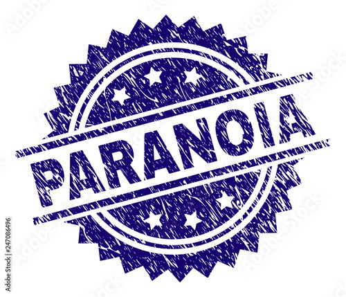 PARANOIA stamp seal watermark with distress style. Blue vector rubber print of PARANOIA caption with unclean texture.