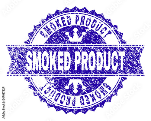 SMOKED PRODUCT rosette stamp overlay with grunge texture. Designed with round rosette, ribbon and small crowns. Blue vector rubber watermark of SMOKED PRODUCT text with unclean texture.