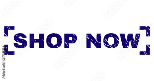 SHOP NOW text seal imprint with grunge texture. Text caption is placed inside corners. Blue vector rubber print of SHOP NOW with grunge texture.