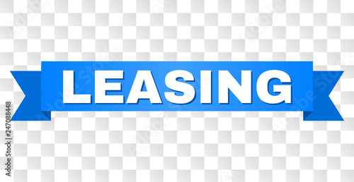 LEASING text on a ribbon. Designed with white caption and blue stripe. Vector banner with LEASING tag on a transparent background.