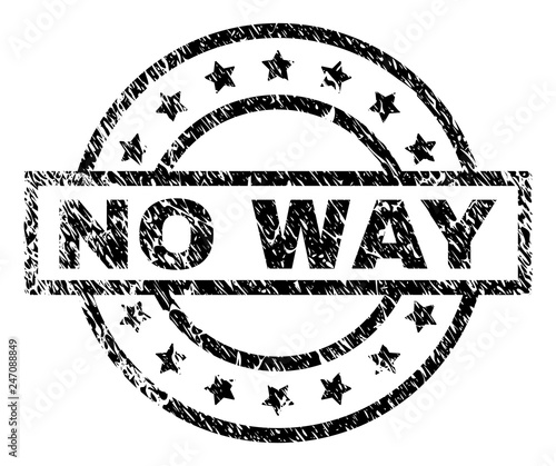 NO WAY stamp seal watermark with distress style. Designed with rectangle, circles and stars. Black vector rubber print of NO WAY caption with scratched texture.