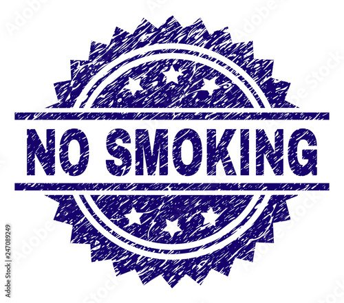 NO SMOKING stamp seal watermark with distress style. Blue vector rubber print of NO SMOKING title with corroded texture.