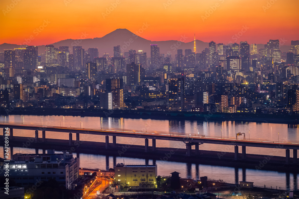 Tokyo city view with Mt. Fuji at twilight