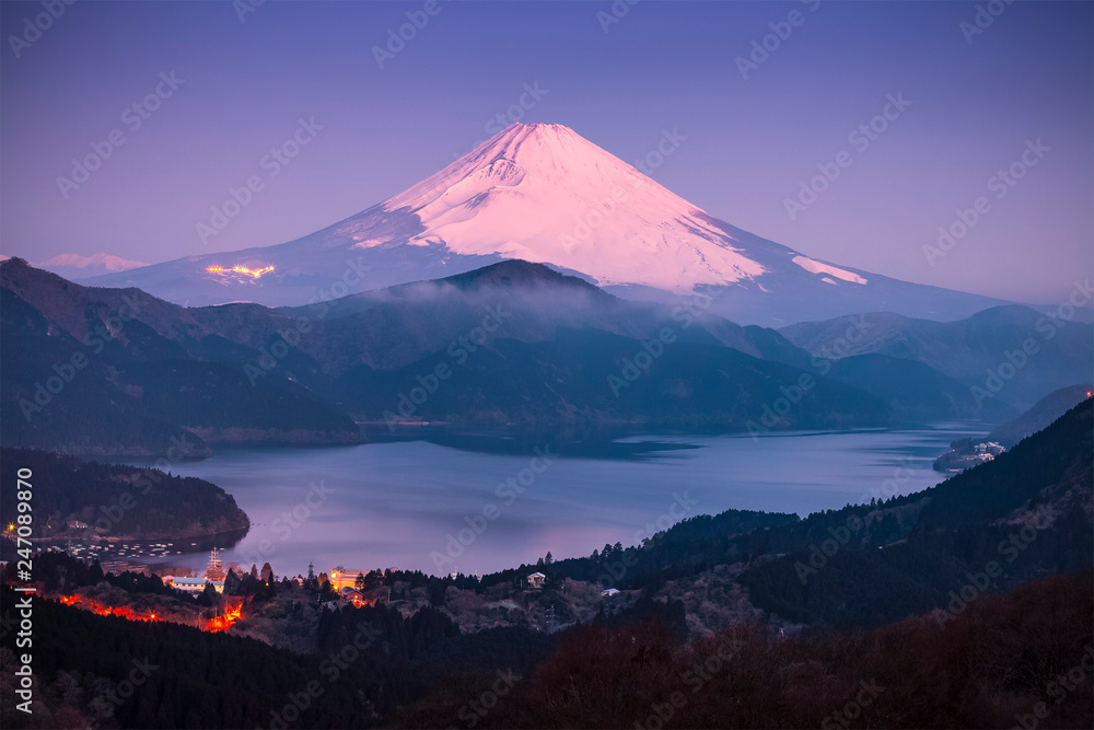 Lake ashi and Mt. Fuji in morning winter season