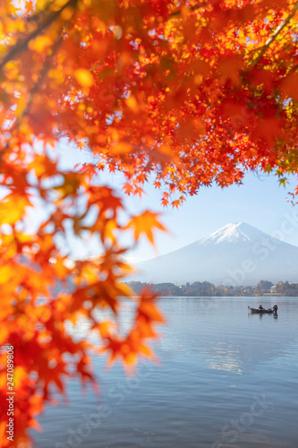 Red maple leaves and Mt. fuji in autumn season at Kawaguchiko lake