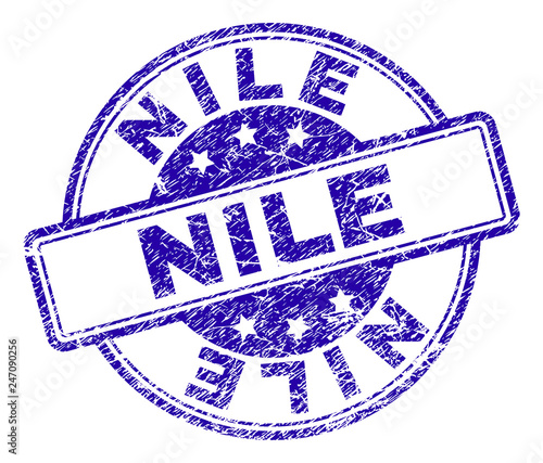 NILE stamp seal imprint with grunge texture. Designed with rounded rectangles and circles. Blue vector rubber print of NILE caption with grunge texture.