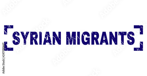 SYRIAN MIGRANTS text seal print with distress texture. Text label is placed inside corners. Blue vector rubber print of SYRIAN MIGRANTS with dust texture.