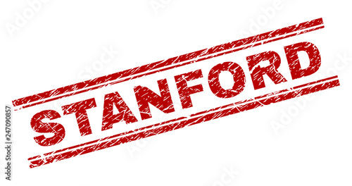 STANFORD seal stamp with corroded texture. Red vector rubber print of STANFORD text with unclean texture. Text tag is placed between double parallel lines.