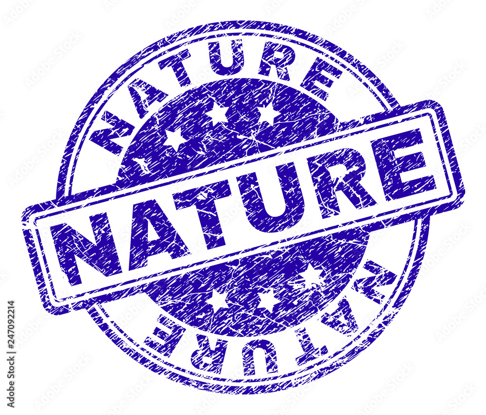 NATURE stamp seal imprint with distress texture. Designed with rounded rectangles and circles. Blue vector rubber print of NATURE title with unclean texture. NATURE stamp seal imprint with distress texture. Designed with rounded rectangles and circles. Blue vector rubber print of NATURE title with unclean texture.