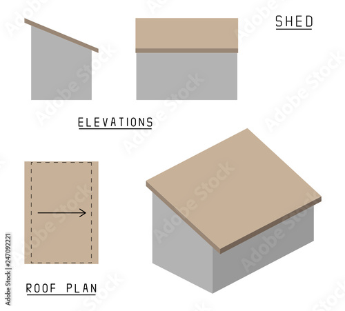 Vector of Shed roof. Elevations, roof plans and 3d view.
