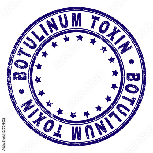 BOTULINUM TOXIN stamp seal watermark with distress texture. Designed with round shapes and stars. Blue vector rubber print of BOTULINUM TOXIN tag with retro texture.
