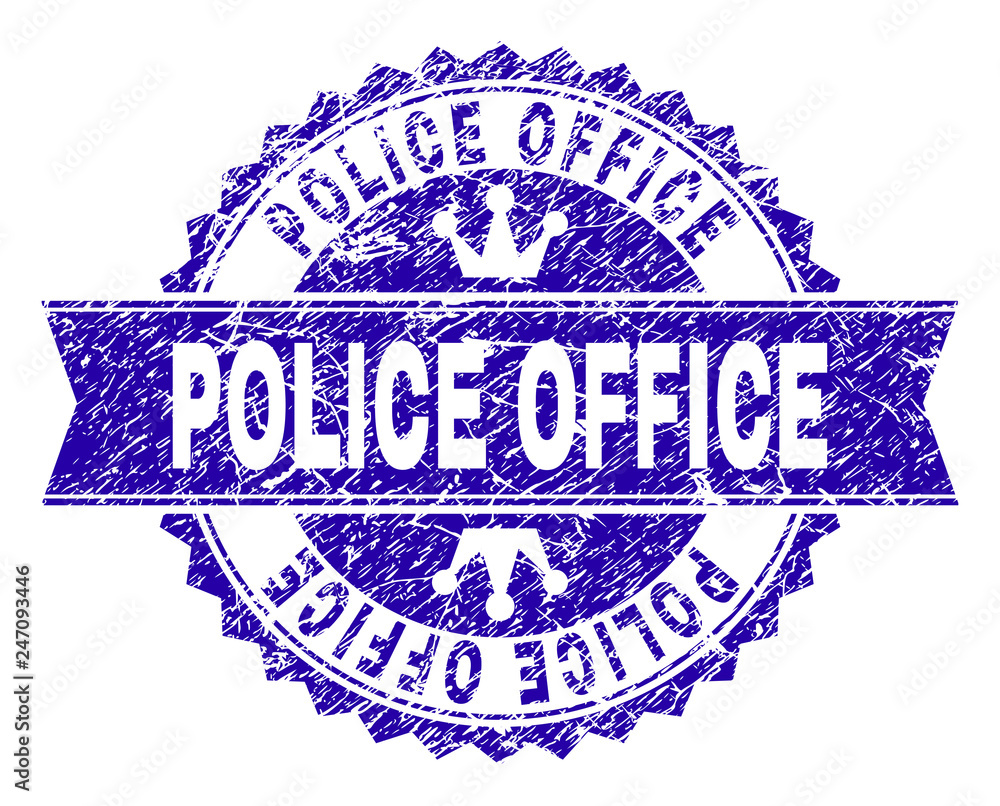 POLICE OFFICE rosette stamp seal watermark with grunge texture. Designed with round rosette, ribbon and small crowns. Blue vector rubber watermark of POLICE OFFICE label with corroded texture. POLICE OFFICE rosette stamp seal watermark with grunge texture. Designed with round rosette, ribbon and small crowns. Blue vector rubber watermark of POLICE OFFICE label with corroded texture.