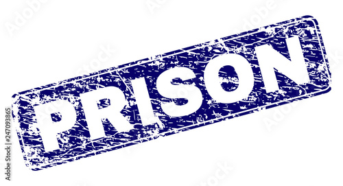 PRISON stamp seal print with distress texture. Seal shape is a rounded rectangle with frame. Blue vector rubber print of PRISON caption with dust texture.
