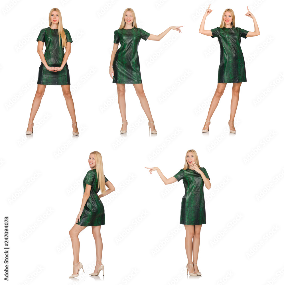 Obraz premium Young woman in green dress isolated on white