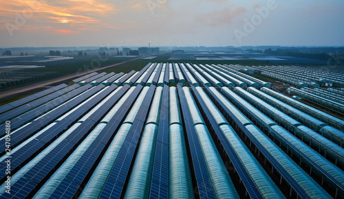 Solar photovoltaic roof panel in the sunset