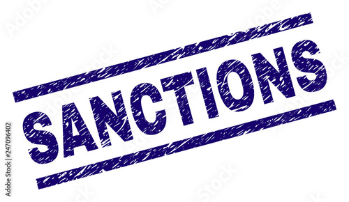 SANCTIONS seal stamp with distress style. Blue vector rubber print of SANCTIONS text with retro texture. Text label is placed between parallel lines.