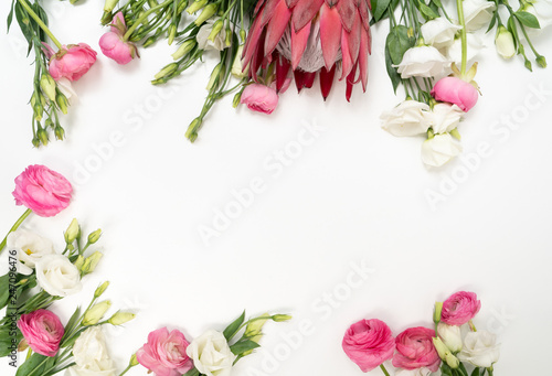 King protea, Ranunculus and Lisianthus Flower Background with Blank space