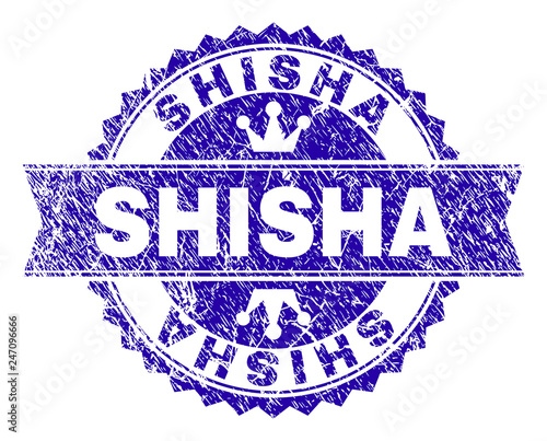 SHISHA rosette stamp seal watermark with grunge effect. Designed with round rosette, ribbon and small crowns. Blue vector rubber watermark of SHISHA caption with grunge style.