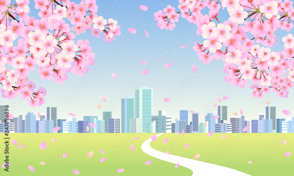 桜の木と春の街並みのイラスト