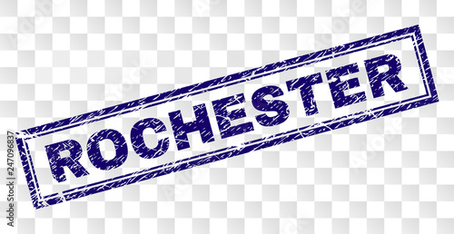 ROCHESTER stamp seal print with grainy style and double framed rectangle shape. Stamp is placed on a transparent background. Blue vector rubber print of ROCHESTER label with unclean texture.