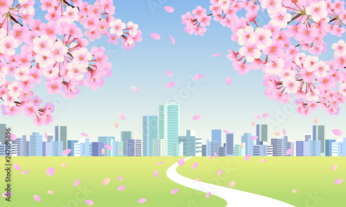 桜の木と春の街並みのイラスト