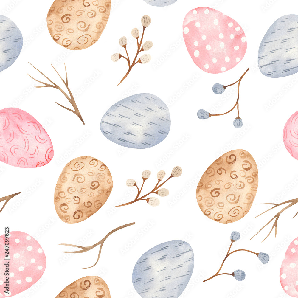 Watercolor seamless pattern with multicolored easter eggs and willow ...