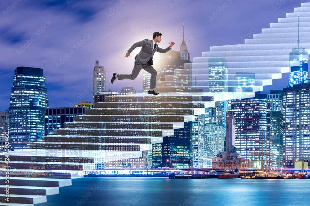 Businessman climbing career ladder over city Businessman climbing career ladder over city