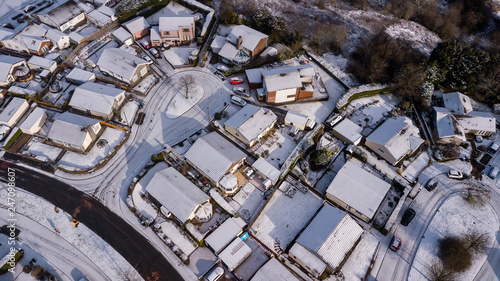 Top down aerial view of a Welsh town covered in fresh white snow (Ebbw Vale, Wales, UK) © whitcomberd