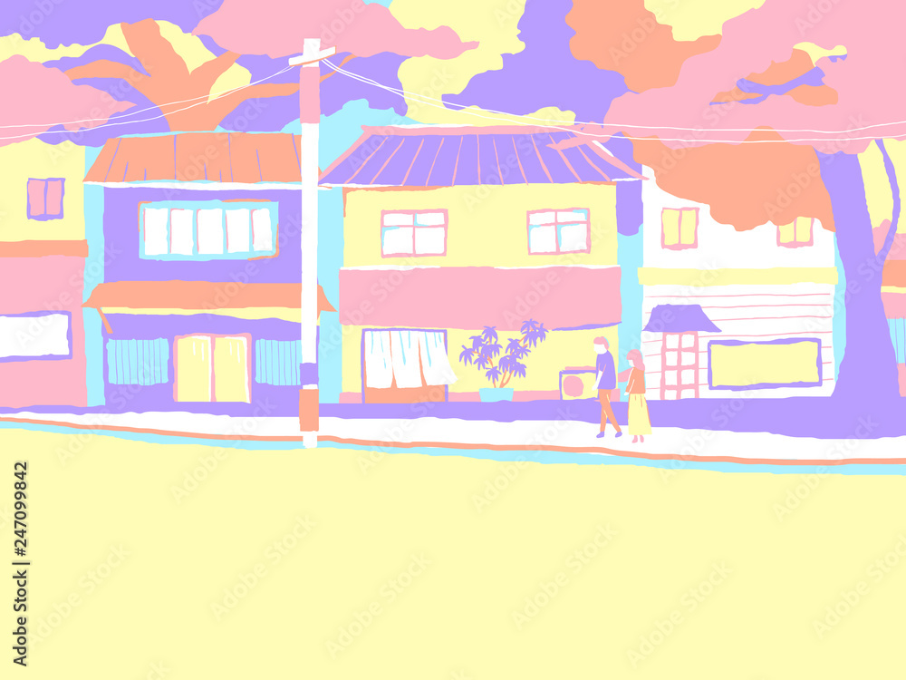 Japan urban landscape, a couple walking on street with many shops in background, colorful pastel theme