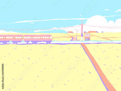 Japan countryside landscape, train passing through rice fields with small village and blue sky in background, colorful pastel theme