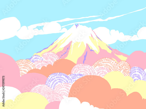 Japan countryside landscape, cherry blossom trees with mount Fuji in and clear blue sky background, colorful pastel theme