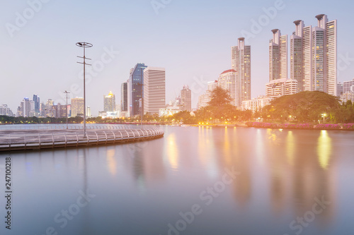 Photography Business building center reflection over water lake, cityscape background