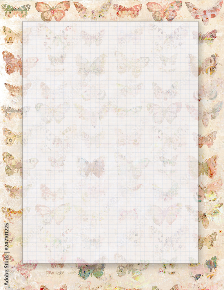 Vintage-styled botanical floral letterhead with butterflies in pink
