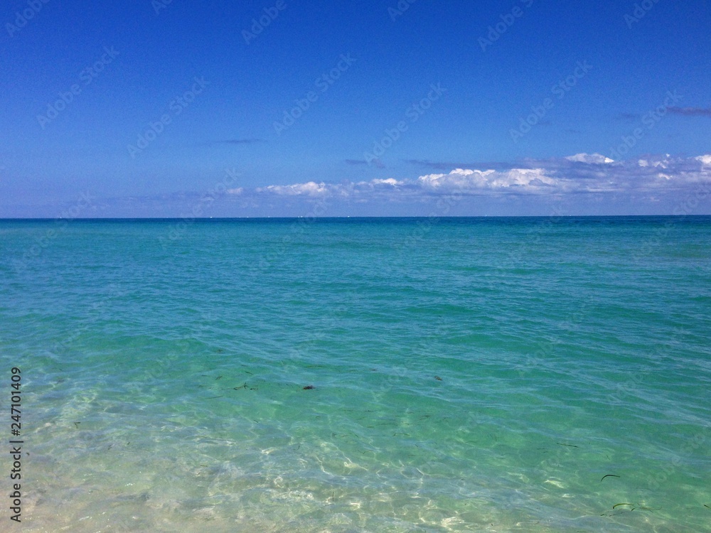 landscape picture of the Atlantic Ocean, South Beach, Miami, Florida with clear, blue water in the foreground.  The seawater has varies shades of green and blue to the horizon.  