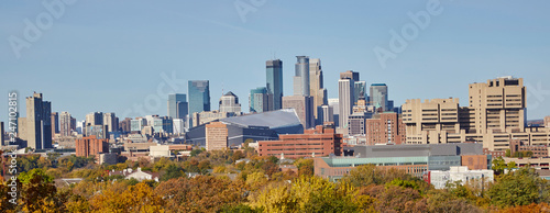 Panoramic skyline photo of downtown Minneapolis Minnesota during fall
