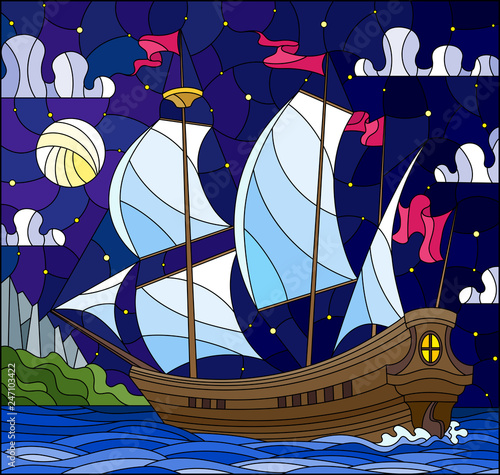 Illustration in stained glass style with sailboats with hite sails against the starry sky, the sea and the moon