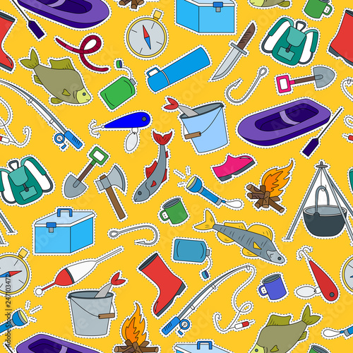 Seamless pattern on the theme of fishing, a simple hand-drawn patch icons on yellow  background