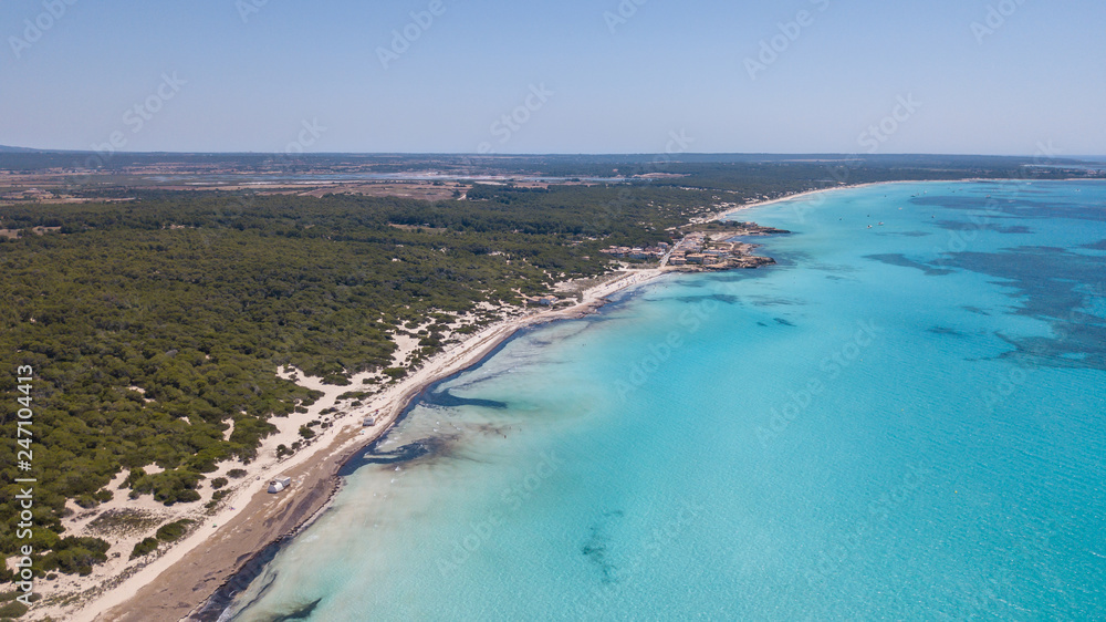 Sa Rapita, Mallorca Spain. Amazing drone aerial landscape of the charming Es Rapita and Es trenc beaches and turquoise sea