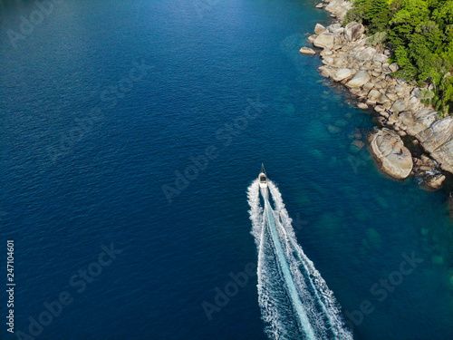 wakeboard sport in aerial view.  Beautiful sea landscape. Phuket. Thailand