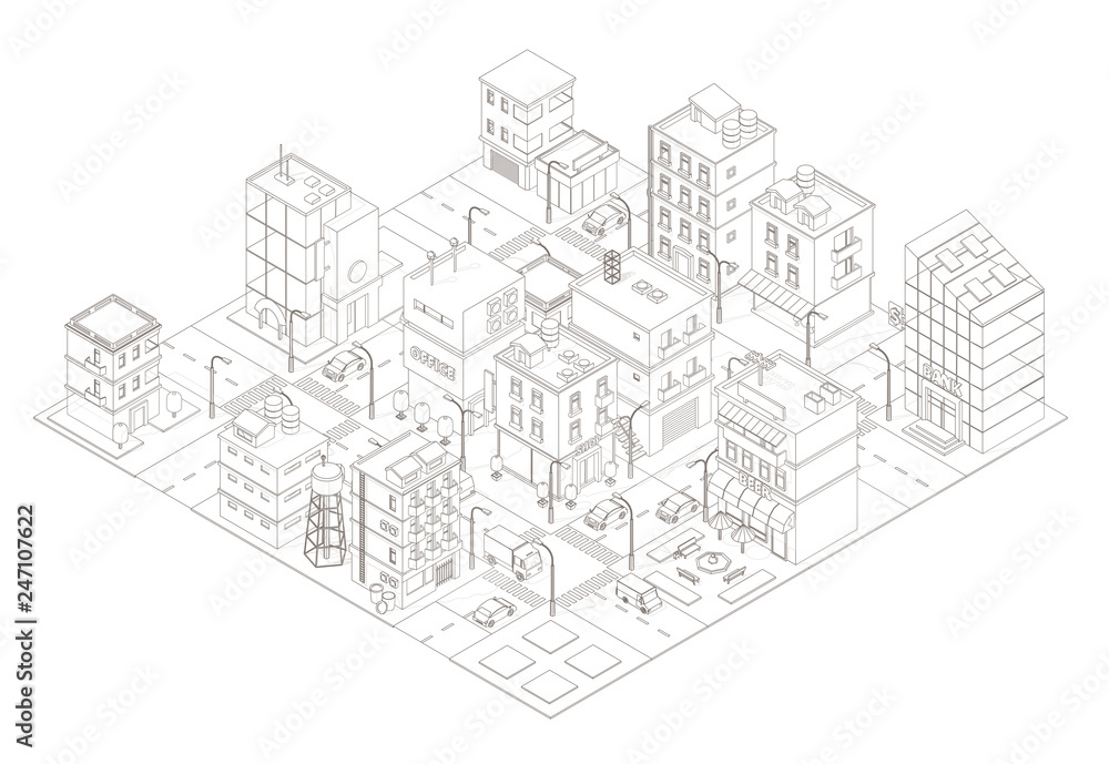 Town street Intersection road. Buildings Isometric top view. Gray lines outline contour style.