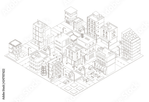 Town street Intersection road. Buildings Isometric top view. Gray lines outline contour style.