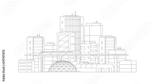 City landscape drawing. Modern architecture  buildings. Train crossing the light rail subway. Gray lines outline contour style.